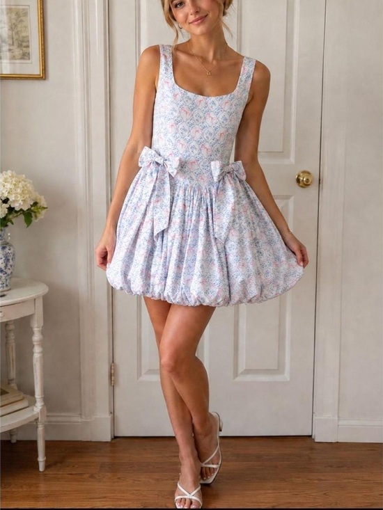Altar'd State Dresses & Skirts - Altar'd State Pastel Floral Bubble Hem Mini Dress - Light Blue & Pink